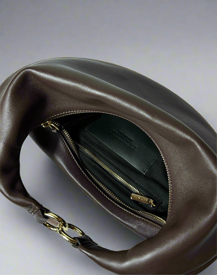 HYER GOODS convertible crossbody hobo  crescent bag Piccola ring bag #color_chocolate