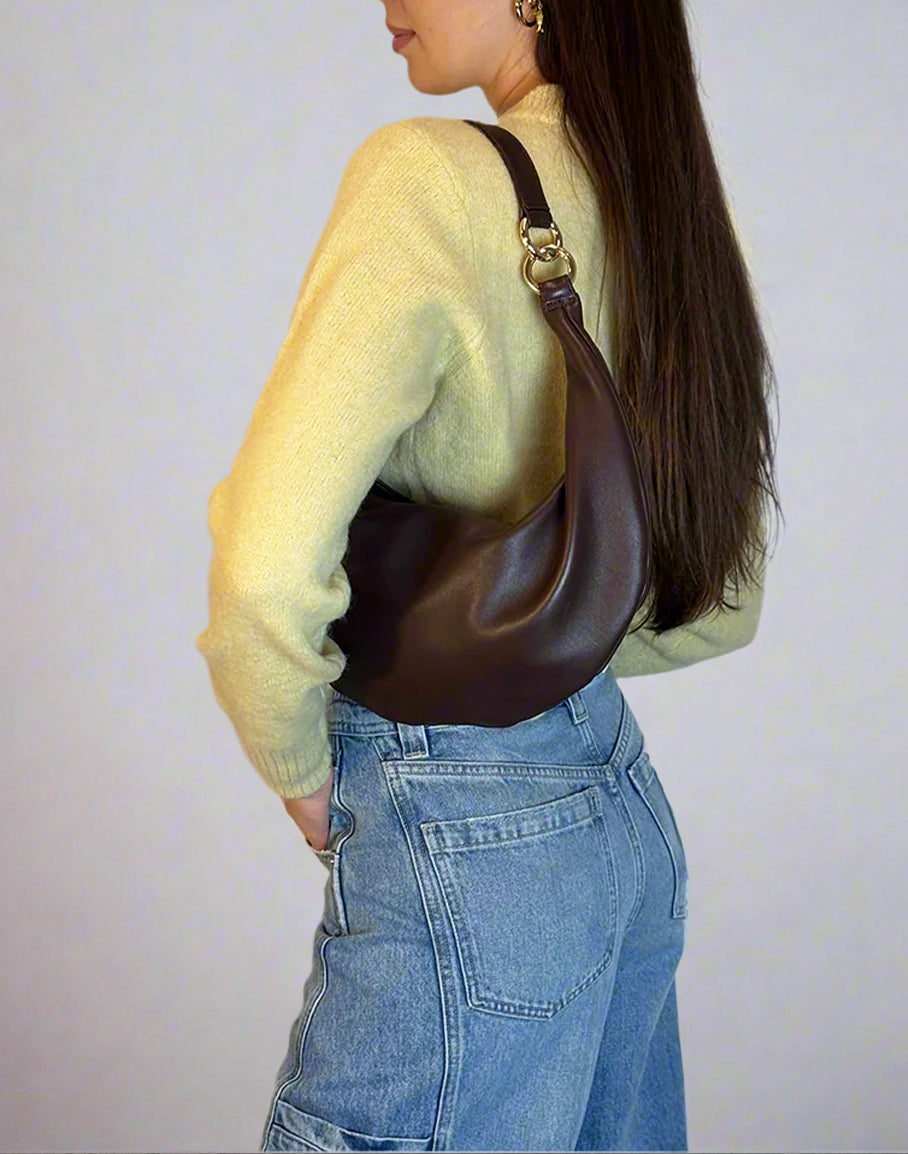 HYER GOODS convertible crossbody hobo  crescent bag Piccola ring bag #color_chocolate