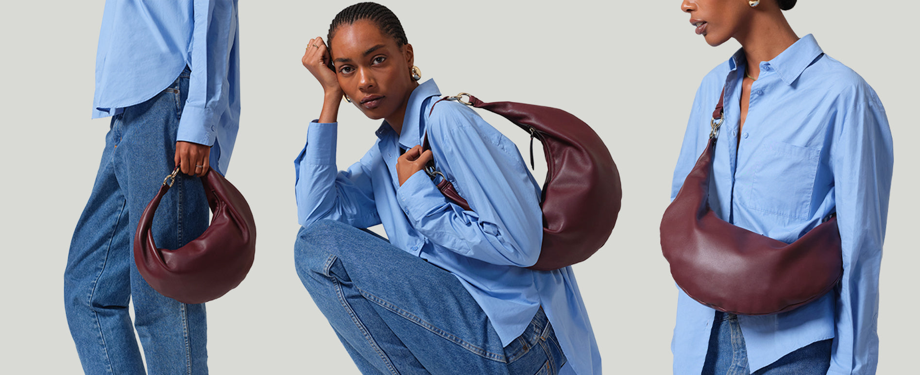 a model demonstrates how to wear the ring bag as a handheld bag, a houlder bag and a crossbody crescent bag