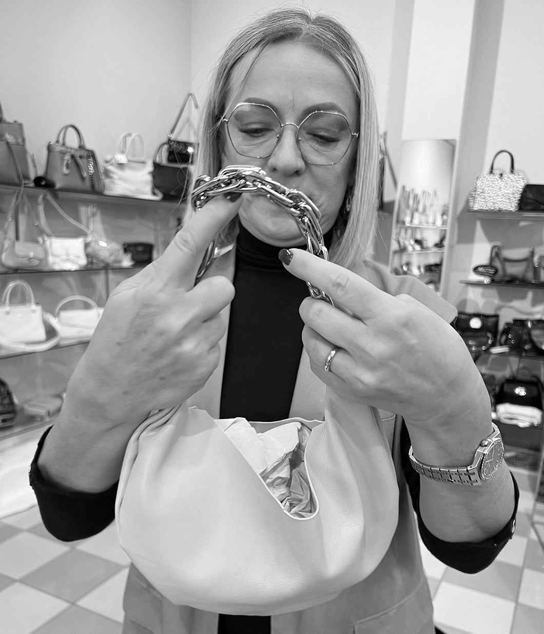 Close-up of a  prototype of a luxury leather handbag made from premium deadstock leather.