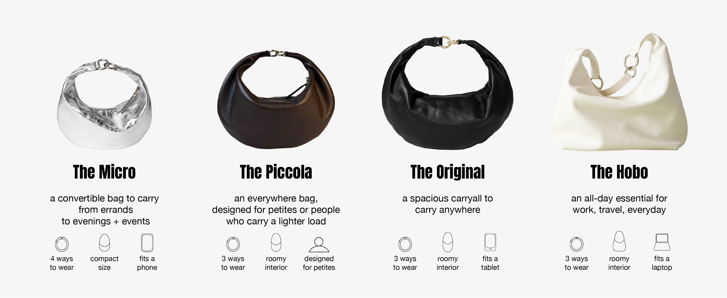 compare and contrast our 4 best-selling convertible bags, each with at least 3 ways to wear.