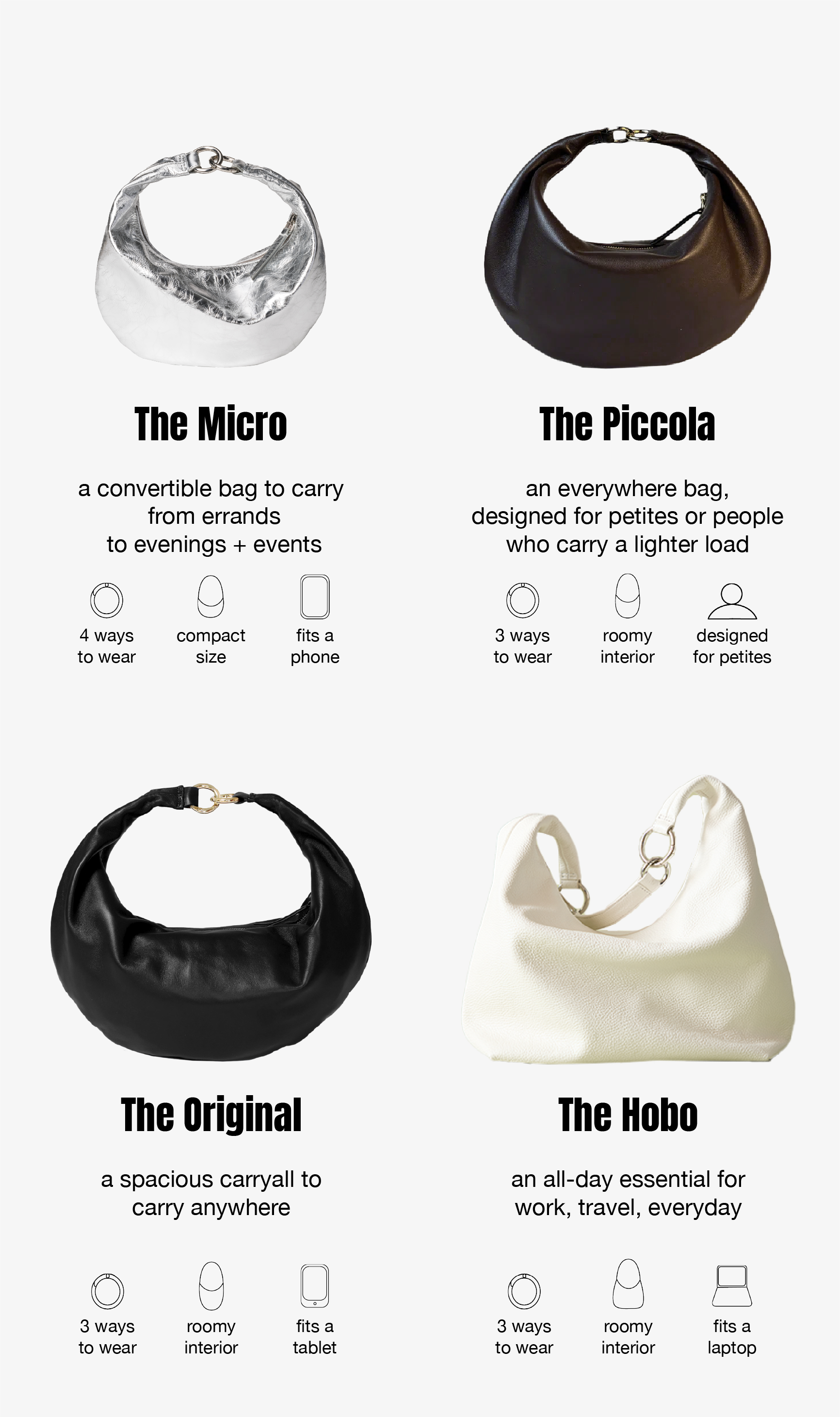 compare and contrast our 4 best-selling convertible bags, each with at least 3 ways to wear.