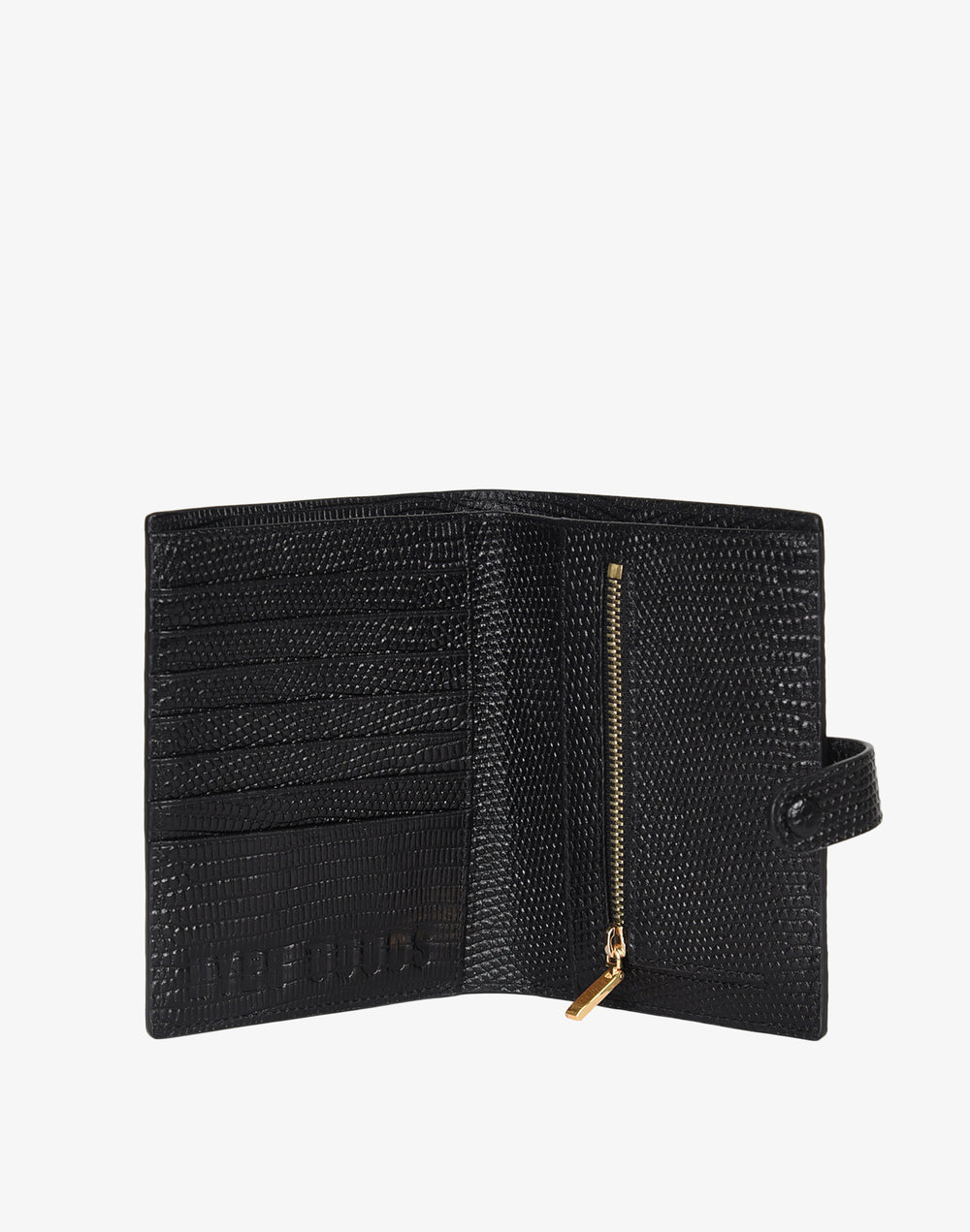 hyer goods recycled leather travel passport wallet with zipper pocket embossed black lizard#color_black-lizard