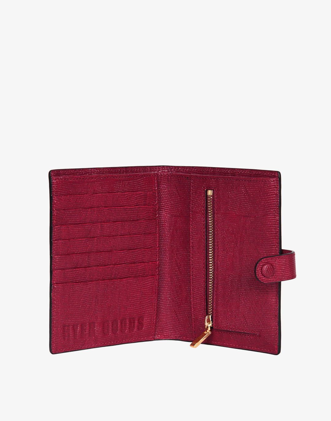 hyer goods recycled leather travel passport wallet with zipper pocket embossed cherry red lizard #color_cherry-red-lizard
