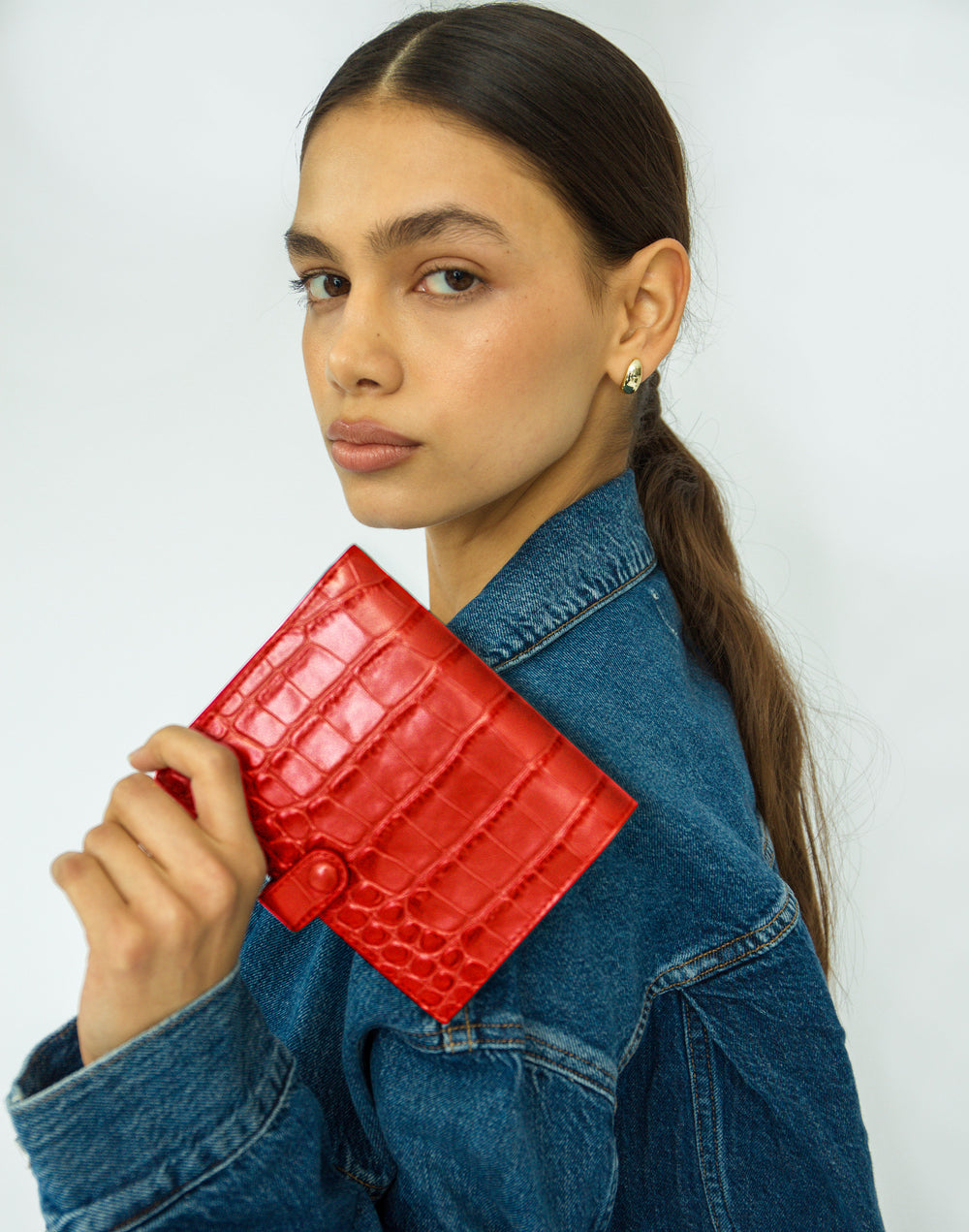 hyer goods recycled leather travel passport wallet with zipper pocket embossed red crocodile #color_bright-red-croco