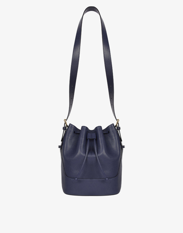 hyer goods recycled leather cinch bucket bag navy blue#color_navy-blue