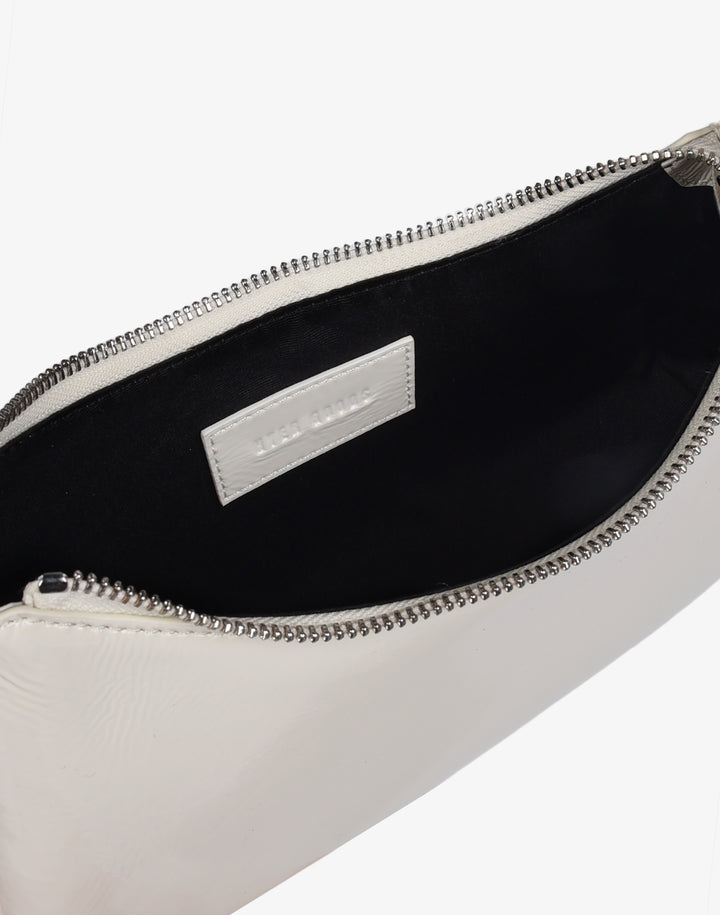 recycled genuine leather mini shoulder bag baguette bag off white patent leather#color_ecru-crinkle-patent
