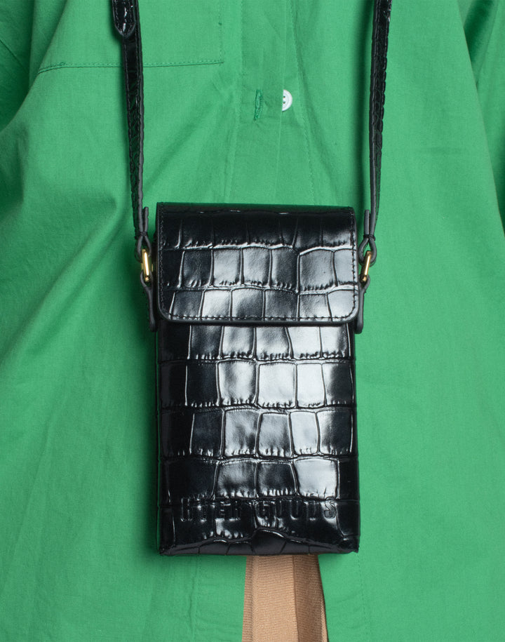 hyer goods recycled leather phone sling bag embossed black croc#color_black-croco