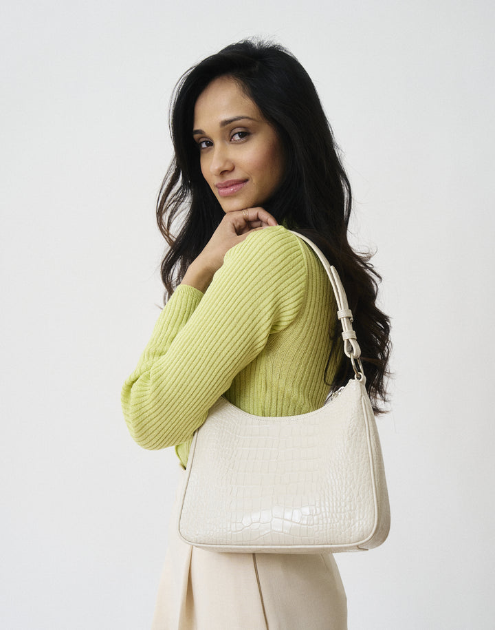 recycled genuine leather everyday shoulder bag cream embossed croc#color_cream-croc