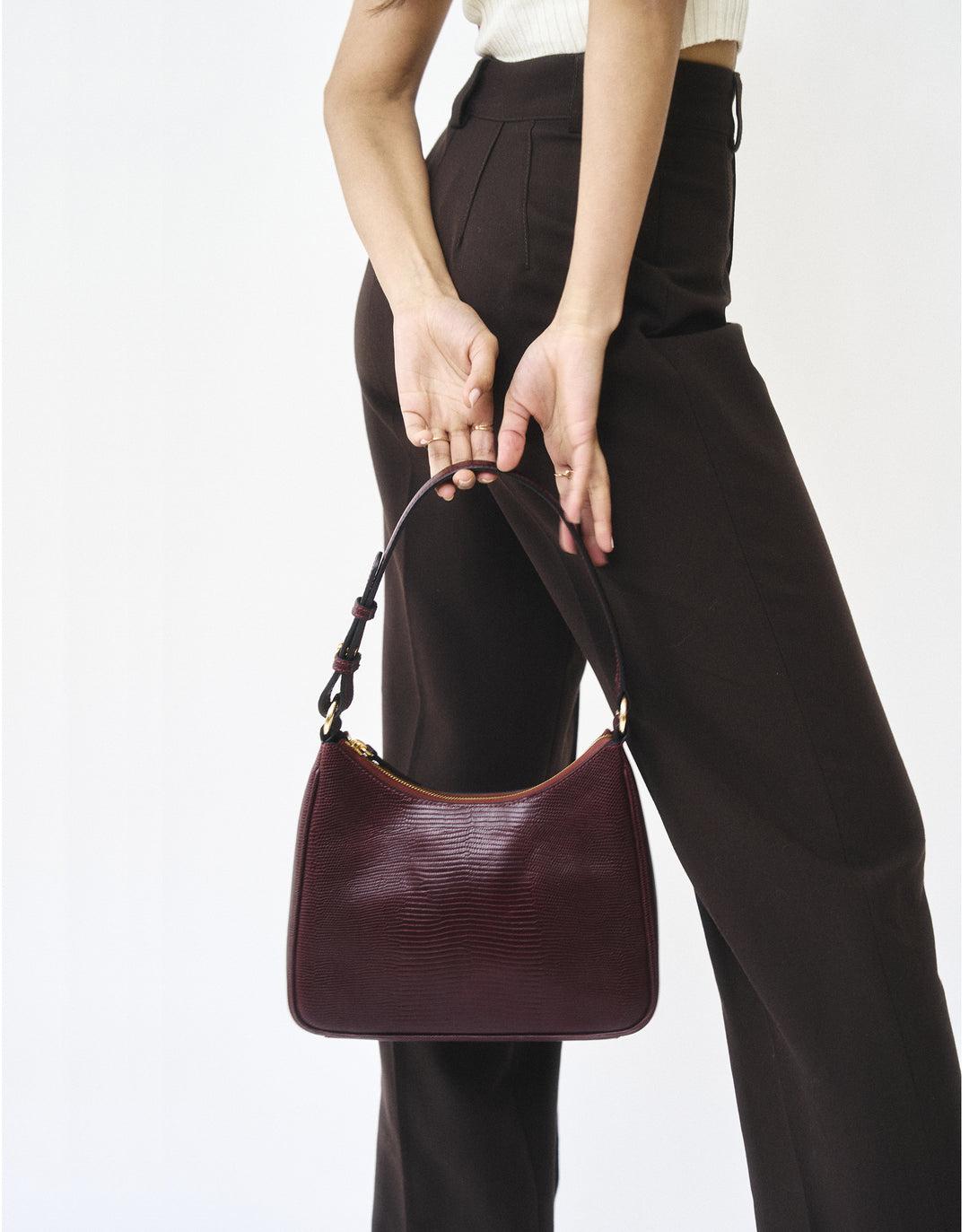 recycled genuine leather everyday shoulder bag burgundy embossed lizard#color_wine-lizard