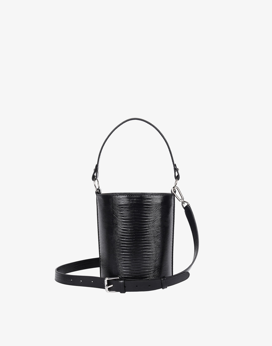hyer goods recycled leather mini bucket bag black embossed lizard#color_black-lizard