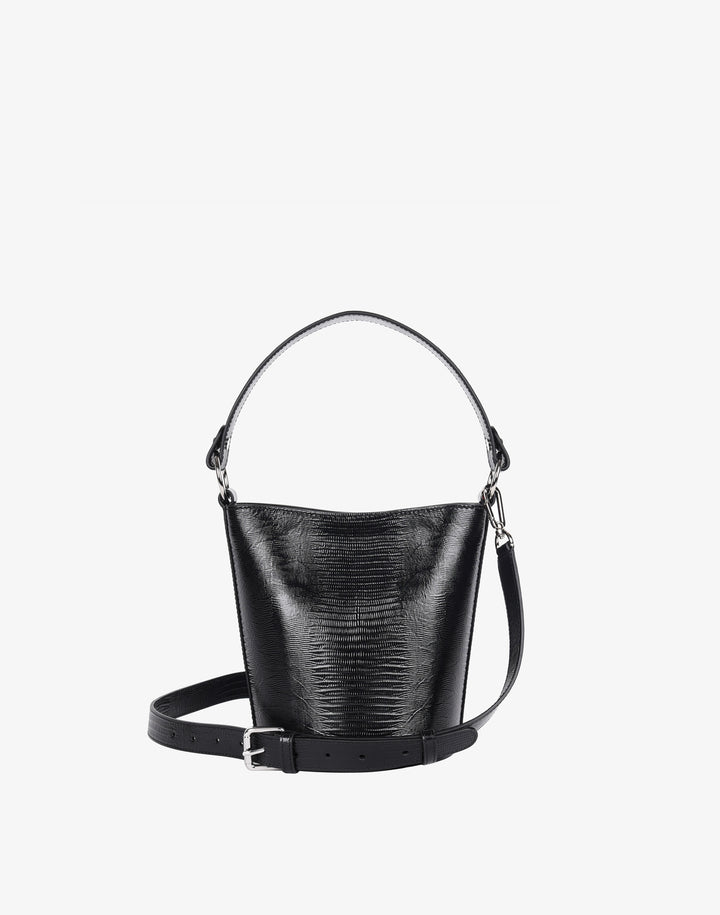 hyer goods recycled leather mini bucket bag black embossed lizard#color_black-lizard