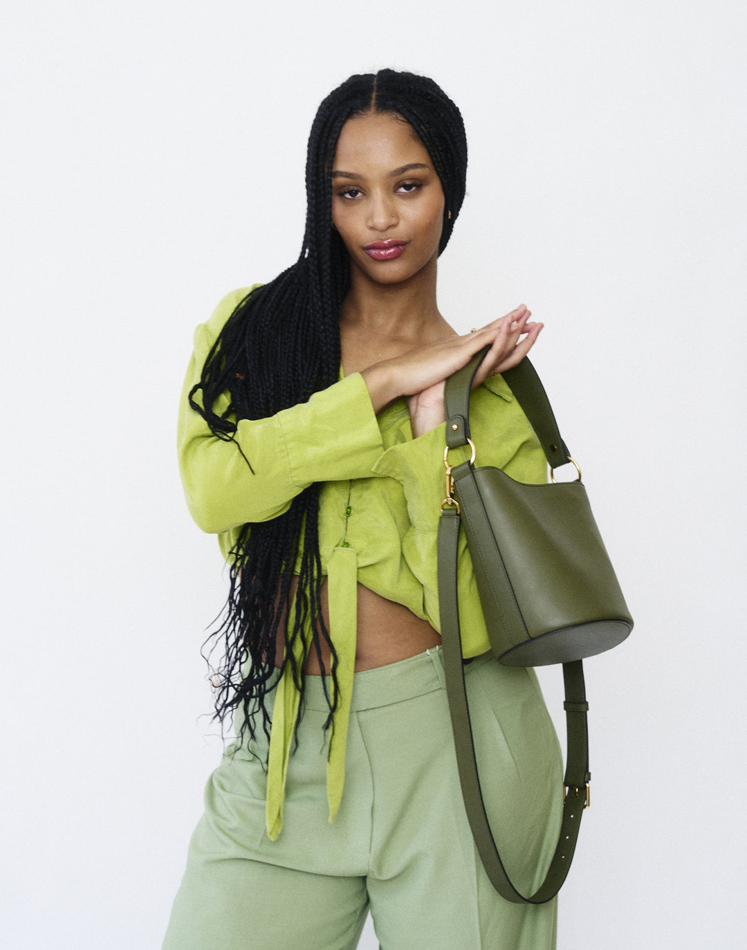 Strathberry - Lana Midi Bucket Bag - Leather Bucket Bag - Beige / Tan / Green