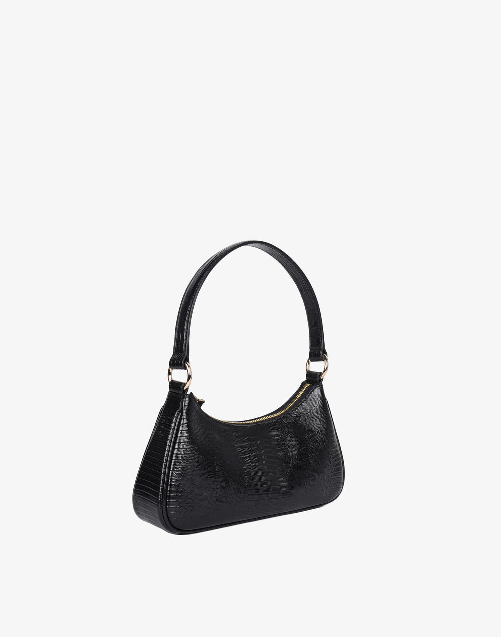 recycled genuine leather mini shoulder bag baguette bag embossed black lizard#color_black-lizard