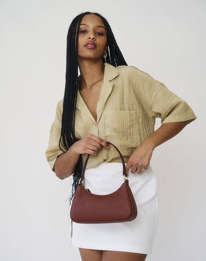 recycled genuine leather mini shoulder bag tan brown#color_saddle-brown