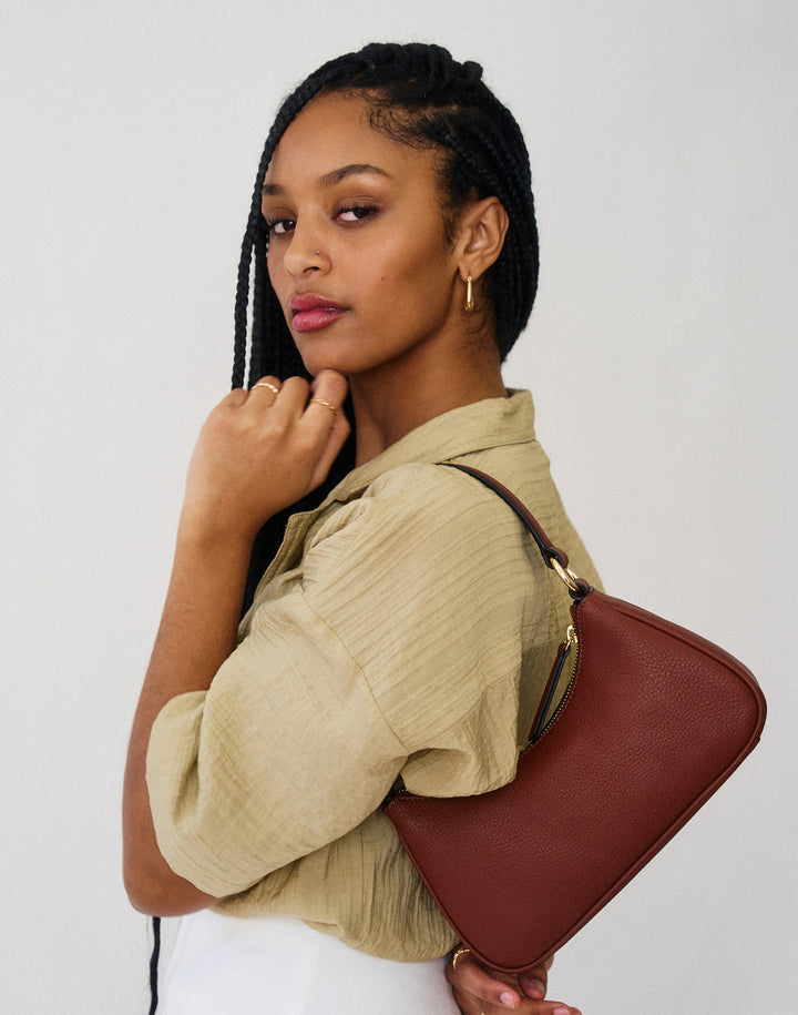 recycled genuine leather mini shoulder bag tan brown#color_saddle-brown