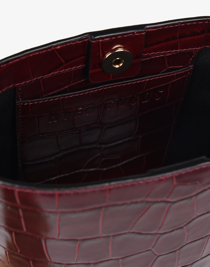 hyer goods recycled leather mini bucket bag burgundy croco#color_burgundy-croco