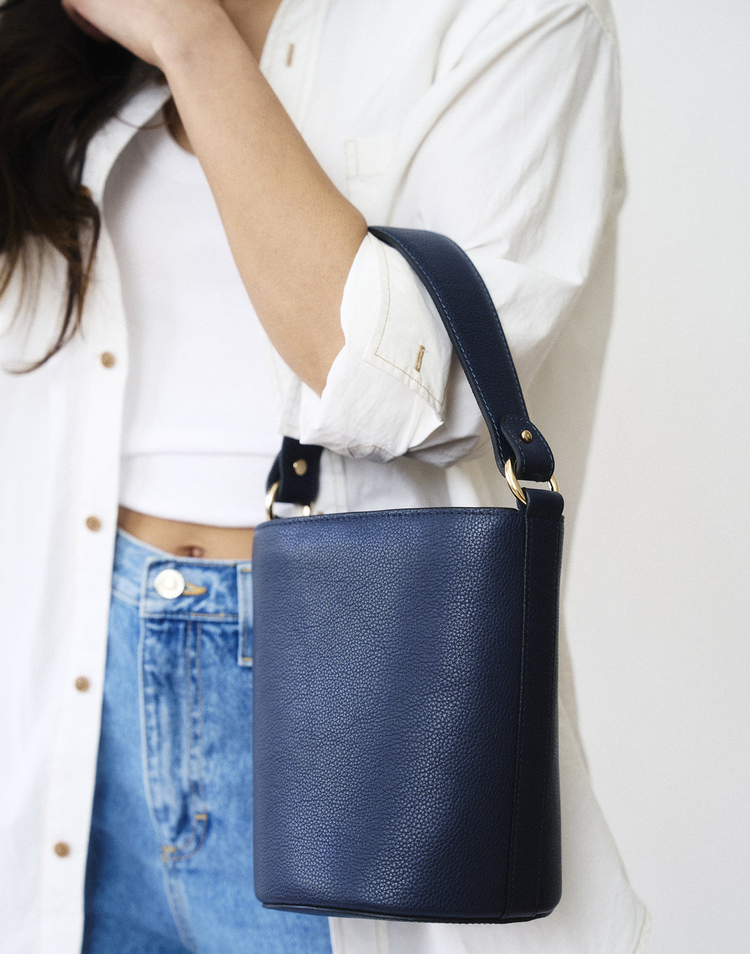hyer goods recycled leather mini bucket bag navy#color_navy-blue
