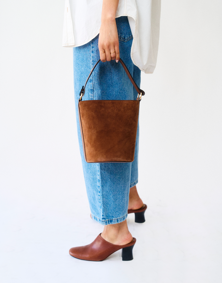 hyer goods recycled leather mini bucket bag tan suede#color_tan-suede