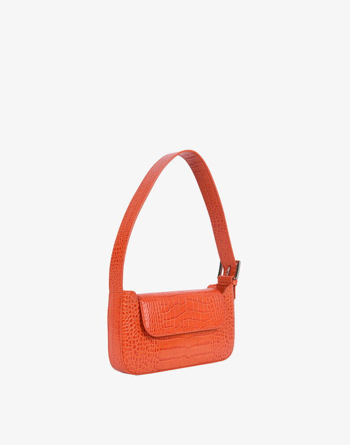 90s baguette shoulder bag with buckle orange croc embossed#color_orange-croco