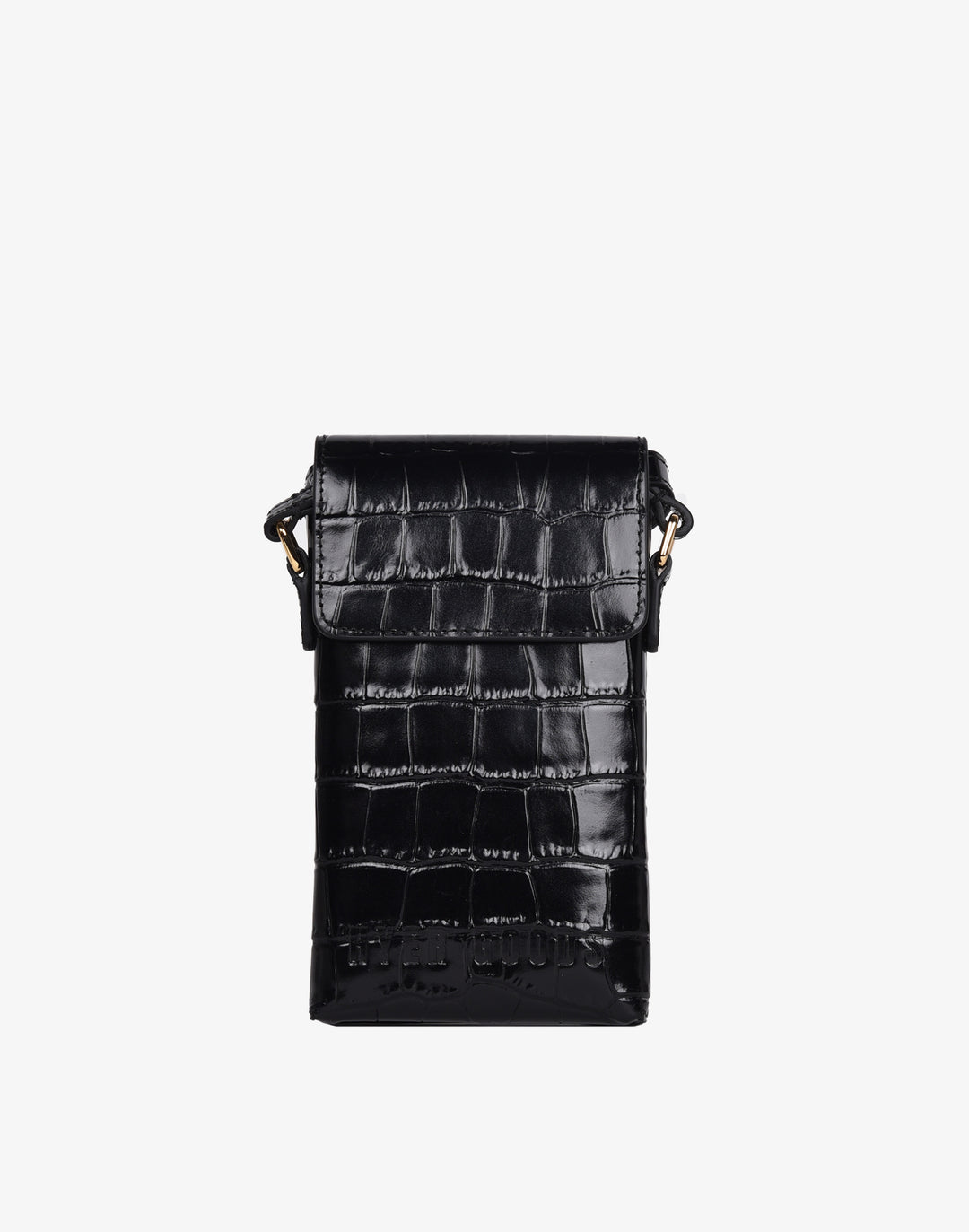 hyer goods recycled leather phone sling bag embossed black croc#color_black-croco