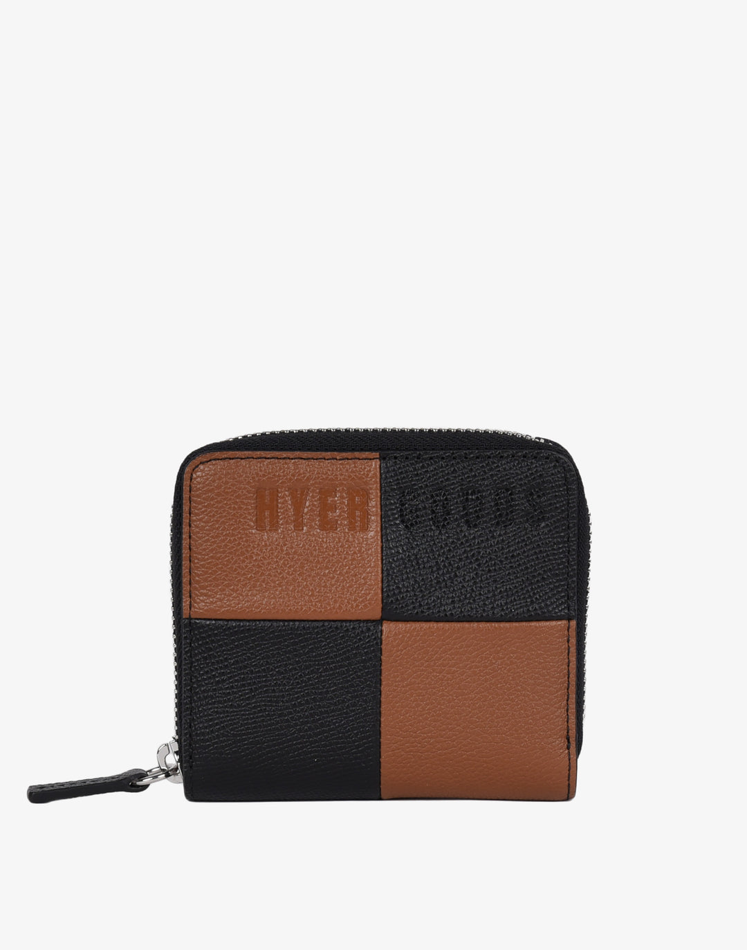 hyer goods recycled leather zip around wallet checkered colorblock#color_cognac-check