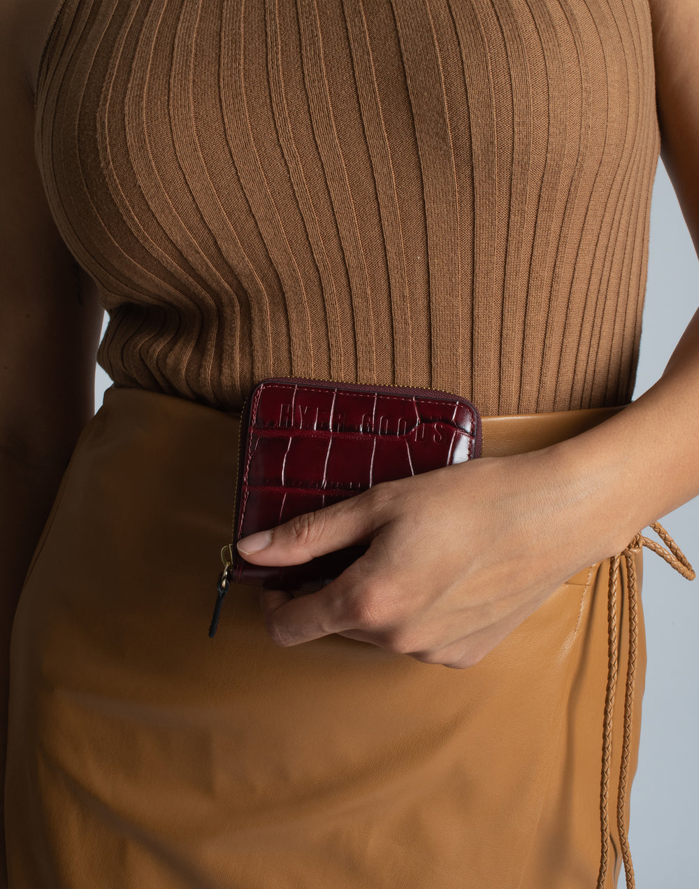 hyer goods recycled leather zip around wallet burgundy croc#color_burgundy-croc